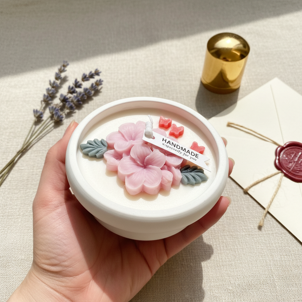 vegane Sojakerze Blume und Schmetterlinge