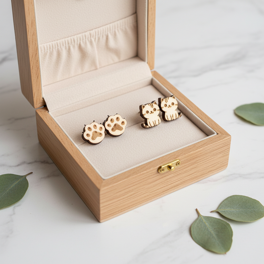 Katze oder Katzenpfote Holz Ohrringe