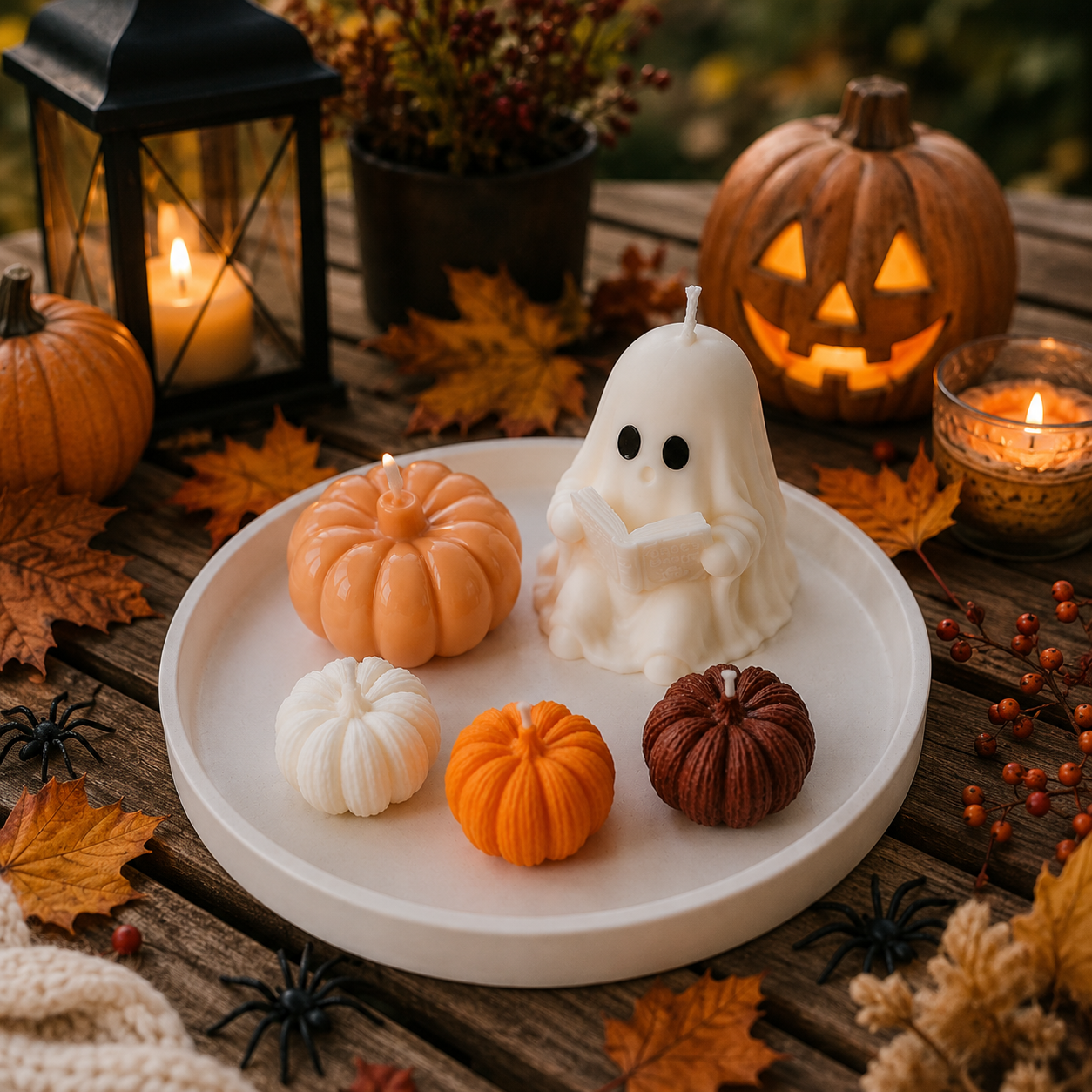 Deko Set Halloween mit Geist und Kürbis Kerzen