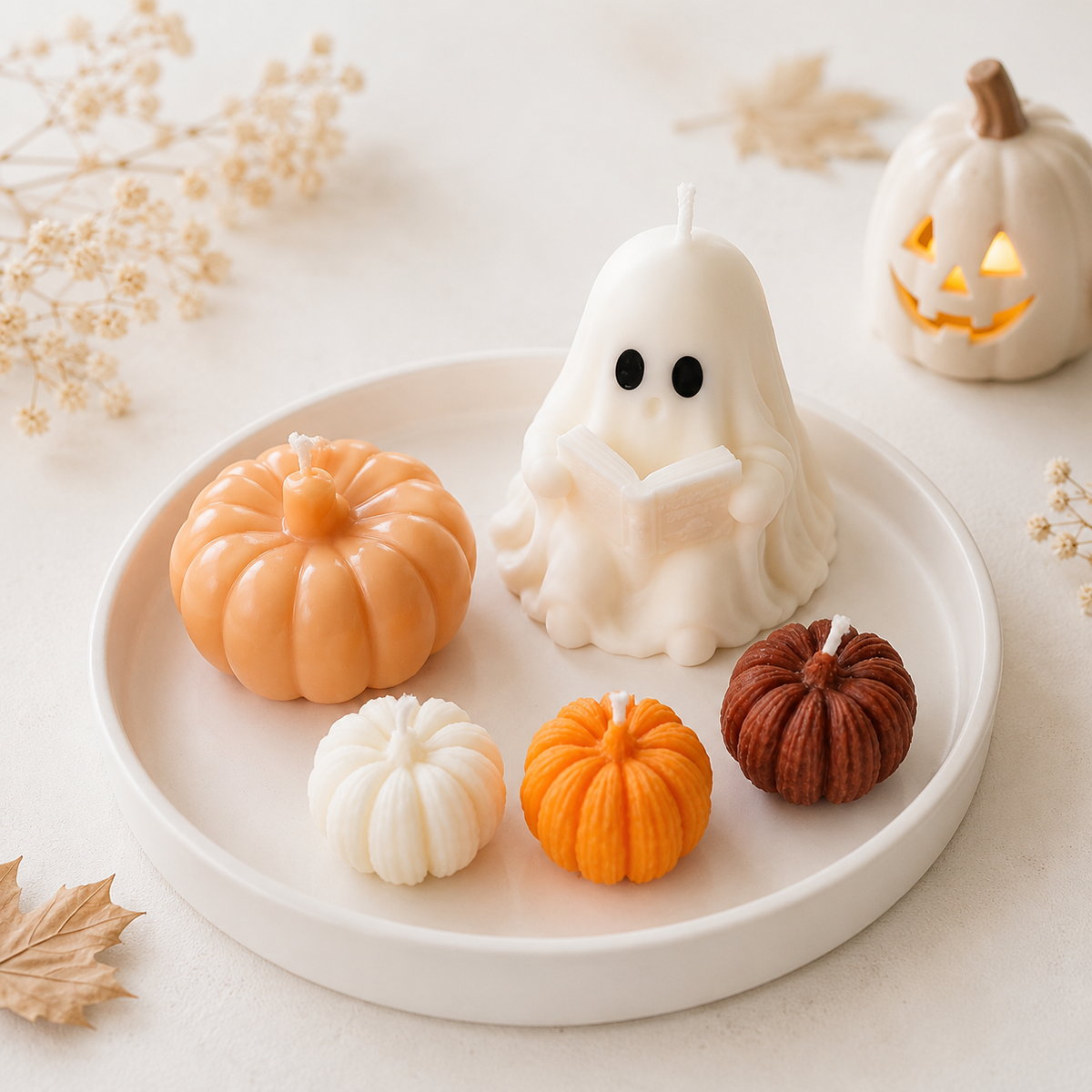 Deko Set Halloween mit Geist und Kürbis Kerzen