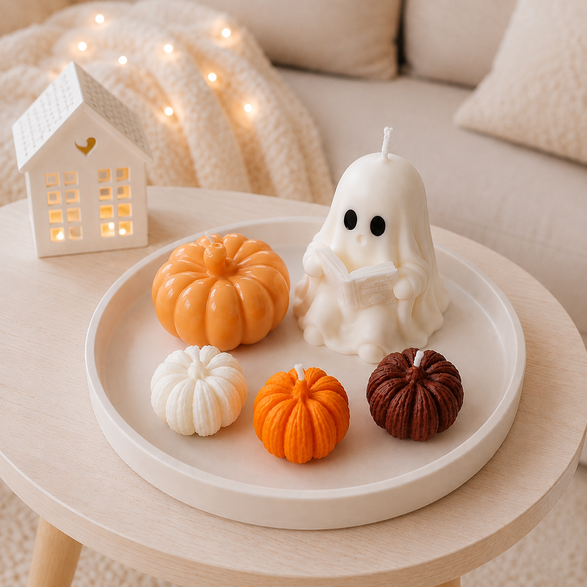 Deko Set Halloween mit Geist und Kürbis Kerzen