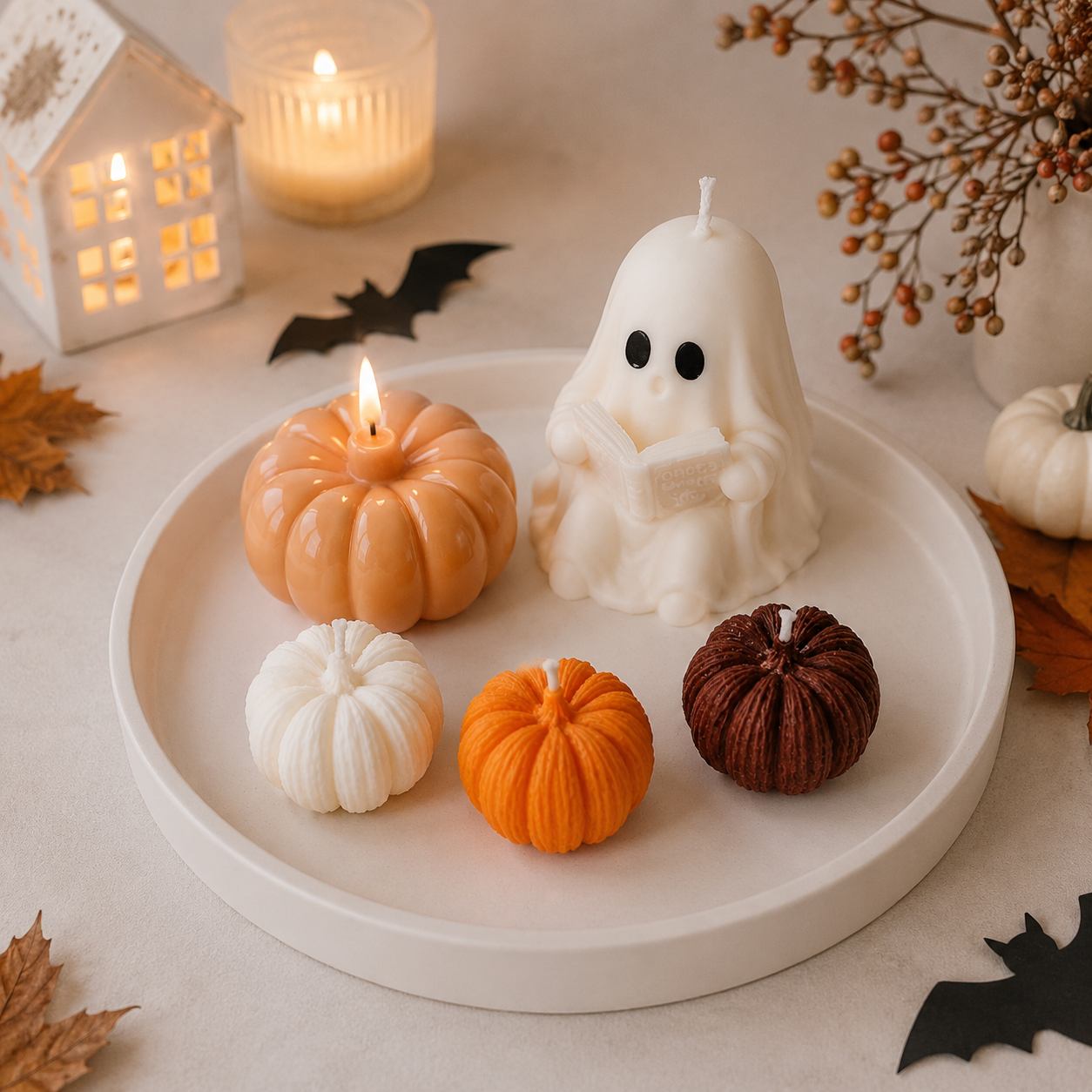Deko Set Halloween mit Geist und Kürbis Kerzen